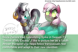 Size: 822x545 | Tagged: safe, artist:dotkwa, cheerilee, spike, zecora, earth pony, pony, zebra, g4, diverse-mlp-headcanons, headcanon, hypnosis, swirly eyes, text, therapist, tied up, transgender, wat