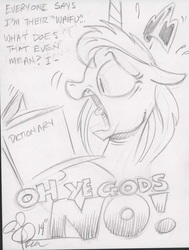 Size: 577x763 | Tagged: safe, artist:andypriceart, princess luna, dialogue, dictionary, female, floppy ears, meta, monochrome, open mouth, plewds, screaming, sketch, solo, sweat, tongue out, traditional art, waifu, waifu shaming, wide eyes, word of price
