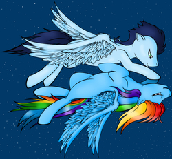 Size: 931x859 | Tagged: source needed, safe, artist:tinuleaf, rainbow dash, soarin', g4, blank flank, eyes closed, female, flying, male, night, ship:soarindash, shipping, smiling, straight, upside down