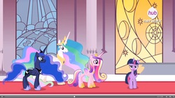 Size: 1920x1080 | Tagged: safe, screencap, princess cadance, princess celestia, princess luna, twilight sparkle, alicorn, pony, g4, my little pony: friendship is magic, twilight's kingdom, alicorn tetrarchy, female, hub logo, mare, twilight sparkle (alicorn)