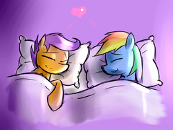 Size: 800x600 | Tagged: safe, artist:starykrow, rainbow dash, scootaloo, g4, bed, heart, scootalove, sleeping