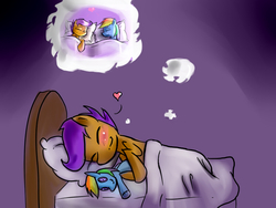 Size: 800x600 | Tagged: safe, artist:starykrow, rainbow dash, scootaloo, pegasus, pony, g4, bed, blanket, blushing, cuddling, dream, dream bubble, eyes closed, female, filly, foal, gradient background, heart, lying down, mare, on side, pillow, plushie, rainbow dash plushie, sleeping, smiling, thought bubble