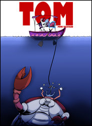 Size: 1600x2188 | Tagged: safe, artist:saturdaymorningproj, rarity, oc, oc:tom the crab, crab, giant crab, g4, anchor, boat, circling stars, jaws, ocean, parody, rarity fighting a giant crab, underwater, water