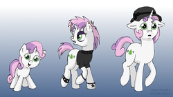Size: 1004x566 | Tagged: safe, artist:haretrinity, sweetie belle, pony, unicorn, g4, age progression, alternate hairstyle, ankle band, ankleband, black shirt, bracelet, choker, clothes, ear piercing, eyeshadow, female, filly, foal, gold chains, gradient background, green eyes, hat, horn, horn jewelry, jewelry, makeup, mare, nose piercing, older, older sweetie belle, open mouth, open smile, piercing, pink hair, pink mane, pink tail, punk, purple eyeshadow, purple hair, purple mane, purple tail, shirt, smiling, spiked ankle band, spiked ankleband, studded choker, sweetie punk, tail, teenager, two toned hair, two toned mane, two toned tail, white body, white coat, white fur, white pony