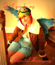 Size: 820x974 | Tagged: safe, artist:hikaru2322, rainbow dash, human, g4, clothes, cosplay, goggles, irl, irl human, jacket, photo, solo, text