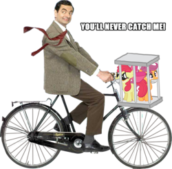 Size: 750x738 | Tagged: safe, apple bloom, scootaloo, g4, bicycle, cage, gag, help us, image macro, kidnapped, meme, mr bean, rowan atkinson, simple background, transparent background