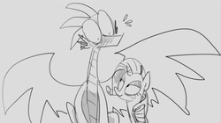 Size: 672x377 | Tagged: safe, artist:vanripper, rarity, spike, fanfic:like fine wine, g4, bedroom eyes, blushing, eye contact, fanfic, female, male, monochrome, older, older spike, ship:sparity, shipping, simple background, sitting, smiling, spread wings, straight, wingboner, winged spike, wings