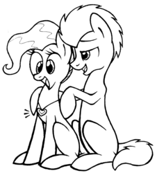 Size: 849x941 | Tagged: safe, artist:blakicat, doctor whooves, mayor mare, time turner, pony, g4, black and white, doctor mayor, duo, female, grayscale, happy, heart, lidded eyes, male, monochrome, necklace, open mouth, shipping, simple background, sitting, smiling, straight, transparent background
