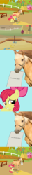 Size: 678x3700 | Tagged: safe, apple bloom, applejack, g4, comic, frown, glare, grin, grumpy, hoers, hoershoes, horseshoes, irl horse, live action applejack, mouth hold, paper, sitting, smiling, throwing, unamused, wat