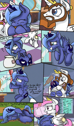 Size: 1279x2159 | Tagged: dead source, safe, artist:mistydash, idw, princess celestia, princess luna, oc, alicorn, pony, g4, reflections, spoiler:comic, abuse, adventure in the comments, book, butt, cewestia, comic, cookie, cookie jar, crying, cute, diary, eating, evil celestia, evil counterpart, father, filly, floppy ears, frown, grin, lunabuse, mirror universe, paddle, pink mane, pink-mane celestia, plot, punishment, smiling, spanking, tail pull, woona, woonabuse, writing