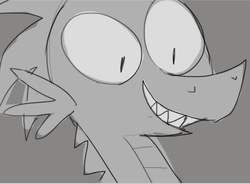Size: 519x381 | Tagged: safe, artist:vanripper, spike, fanfic:like fine wine, g4, cropped, fanfic, grin, male, monochrome, older, older spike, reaction image, simple background, smiling, solo