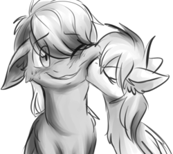 Size: 915x816 | Tagged: safe, artist:fizzy-dog, dumbbell, rainbow dash, g4, cute, dumbdash, female, kissing, male, monochrome, shipping, straight, sweat, sweatdrop, tsundere