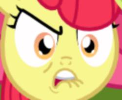 Size: 600x491 | Tagged: safe, artist:changeling #209458, apple bloom, earth pony, pony, g4, angry, apple bloom is not amused, bust, faic, female, lip bite, looking at you, portrait, reaction image, scrunchy face, solo