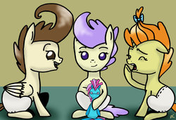 Size: 1024x699 | Tagged: safe, artist:lrusu, cream puff, pound cake, pumpkin cake, pony, g4, baby, baby pony, best friends, creambetes, cute, poundabetes, pumpkinbetes, trio