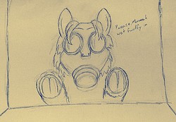 Size: 710x490 | Tagged: safe, artist:fluffsplosion, fluffy pony, dialogue, doctor who, gas mask, mask, monochrome, solo, the empty child