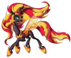 Size: 1100x900 | Tagged: safe, artist:heilos, sunset shimmer, changeling, changeling queen, g4, armor, changelingified, female, fusion, helmet, orange changeling, queen sunset, simple background, solo, species swap, transparent background