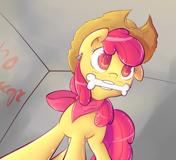 Size: 2100x1900 | Tagged: source needed, safe, artist:spikedmauler, apple bloom, earth pony, pony, g4, bone, earring, female, mouth hold, solo