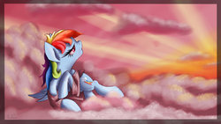 Size: 1600x900 | Tagged: safe, artist:rulsis, rainbow dash, g4, :o, clothes, cloud, cloudy, crying, female, on side, sad, sky, solo, sunset