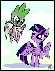 Size: 1024x1318 | Tagged: safe, artist:loreto-arts, spike, twilight sparkle, alicorn, pony, g4, female, mare, twilight sparkle (alicorn), wings