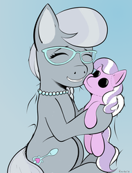 Size: 1628x2136 | Tagged: safe, artist:lord waite, artist:riscke, diamond tiara, silver spoon, g4, adorabullies, bed, colored, cute, female, glasses, missing accessory, necklace, plushie, silverbetes, snuggling, solo