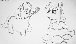 Size: 1068x625 | Tagged: safe, artist:fluffsplosion, king sombra, maud pie, fluffy pony, g4, monochrome, rock candy