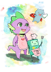 Size: 1500x2121 | Tagged: safe, artist:scorpiyo, spike, dragon, g4, apron, bmo, catbug, clothes, male, naked apron, pixiv, sandwich, solo