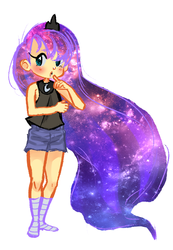 Size: 688x997 | Tagged: safe, artist:mynameisbre1, princess luna, human, g4, clothes, ethereal mane, female, galaxy mane, humanized, kneesocks, missing shoes, pixiv, shorts, simple background, socks, solo, striped socks