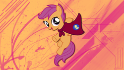 Size: 2560x1440 | Tagged: safe, artist:ahumeniy, artist:huskyfan, scootaloo, g4, cape, clothes, cmc cape, emblem, female, solo, vector, wallpaper
