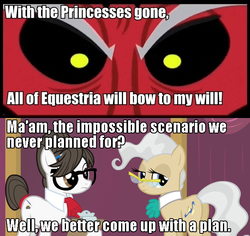 Size: 648x612 | Tagged: safe, lord tirek, mayor mare, writing desk, centaur, earth pony, pony, unicorn, taur, g4, my little pony: friendship is magic, twilight's kingdom, exploitable meme, female, male, mare, meme, the x files, tirek vs everyone meme