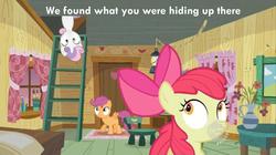 Size: 1280x719 | Tagged: safe, screencap, apple bloom, scootaloo, sweetie belle, g4, cutie mark crusaders, image macro, indoors, meme, secret, treehouse