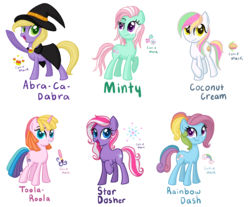 Size: 4608x3816 | Tagged: safe, artist:thecheeseburger, abra-ca-dabra, coconut cream (g3), minty, rainbow dash (g3), star dasher, toola-roola, earth pony, pony, unicorn, g3, g4, cute, cutie mark, g3 to g4, generation leap, horn, open mouth, open smile, simple background, smiling, transparent background, unicorn toola roola, unicorn toola-roola