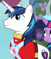 Size: 403x467 | Tagged: safe, screencap, shining armor, twilight sparkle, g4, clothes, happy, smiling, tunic