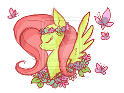 Size: 600x450 | Tagged: safe, artist:metamorro, fluttershy, butterfly, g4, eyes closed, female, floral head wreath, flower, solo, watermark