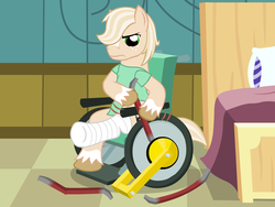 Size: 640x480 | Tagged: safe, artist:aha-mccoy, oc, oc only, oc:jay aaron mclovin, earth pony, pony, cast, crowbar, hospital gown, male, solo, stallion, wheel clamp, wheelchair