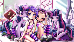 Size: 2500x1406 | Tagged: safe, artist:skyshek, twilight sparkle, alicorn, human, unicorn, equestria girls, g4, anime, belly button, blushing, clothes, crop top bra, crossover, glowing horn, horn, human ponidox, humanized, kenzaki makoto, ojamajo doremi, onpu segawa, panties, pretty cure, purple underwear, segawa onpu, socks, striped socks, thigh highs, twilight sparkle (alicorn), underwear, unicorn twilight