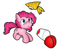 Size: 1904x1590 | Tagged: safe, artist:flam3zero, pinkie pie, g4, capsule, crossover, eye contact, female, simple background, solo, sonic colors, sonic the hedgehog (series), style emulation, transparent background, wisp, yellow drill, yellow wisp, yuji uekawa style