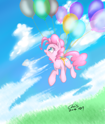 Size: 2200x2600 | Tagged: safe, artist:xcopyen002, pinkie pie, g4, balloon, female, high res, sky, solo, then watch her balloons lift her up to the sky