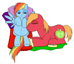 Size: 725x630 | Tagged: safe, artist:karmadash, big macintosh, rainbow dash, earth pony, pony, g4, belly button, male, pregnant, ship:rainbowmac, shipping, sleepy eyes, stallion, straight