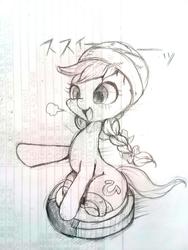 Size: 960x1280 | Tagged: safe, artist:ayahana, jinx, earth pony, pony, g4, amputee, cute, disabled, female, grayscale, japanese, katawa jinx, lined paper, monochrome, ponies riding roombas, riding, roomba, solo, stump, traditional art