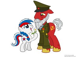 Size: 1024x768 | Tagged: safe, artist:cogwheel98, oc, oc only, oc:marussia, oc:ussr, earth pony, pony, duo, military uniform, nation ponies, russian, simple background, soviet, soviet union, victory day, white background