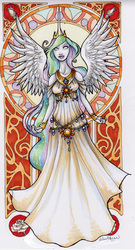 Size: 406x750 | Tagged: safe, artist:echostar, princess celestia, human, g4, clothes, dress, female, horn, horned humanization, humanized, modern art, nouveau, pony coloring, solo, traditional art, winged humanization