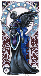 Size: 401x750 | Tagged: safe, artist:echostar, nightmare moon, human, g4, female, horn, horned humanization, humanized, modern art, nouveau, solo, traditional art, winged humanization