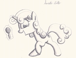 Size: 1901x1461 | Tagged: safe, artist:pupster0071, sweetie belle, g4, cutie mark, female, magic, microphone, monochrome, older, solo, telekinesis, traditional art