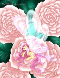 Size: 784x1019 | Tagged: safe, artist:kitsunehino, fluttershy, breezie, g4, female, flower, lying, sleeping, solo