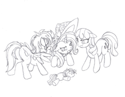 Size: 1036x800 | Tagged: safe, artist:wrabbit, cheerilee, spitfire, trixie, twilight sparkle, g4, argument, fanfic art, female, floppy ears, frown, glare, lesbian, lineart, monochrome, open mouth, plushie, ship:cheerilight, ship:twixie, shipping, spread wings, twifire