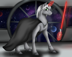 Size: 1600x1280 | Tagged: safe, artist:puggie, oc, oc only, cape, clothes, crossover, gray, lightsaber, magic, solo, space, spaceship, standing, star wars