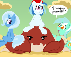 Size: 1500x1200 | Tagged: safe, artist:epulson, dj pon-3, lyra heartstrings, trixie, vinyl scratch, oc, oc:tom the crab, crab, giant crab, g4, beach, cap, do you even lift, hat, meme, sand