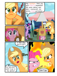 Size: 1745x2321 | Tagged: safe, artist:nayolfa, applejack, pinkie pie, twilight sparkle, comic:clean up on smile five, g4, angry, apple, apple cart, applejack's hat, basket, bits, cavity, comic, cowboy hat, duckface, fire, food, hat, hiding, tomato