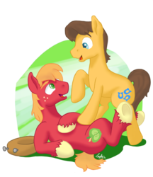 Size: 831x962 | Tagged: safe, artist:lardon-draconis, big macintosh, caramel, earth pony, pony, g4, gay, legs in air, male, on back, ship:caramac, shipping, stallion, underhoof, unshorn fetlocks