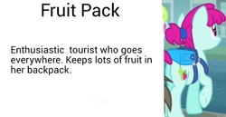 Size: 748x385 | Tagged: safe, fruit pack, ruby splash, earth pony, pony, g4, rarity takes manehattan, background pony, backpack, bun, butt, fruitbutt, naming, plot, rubybutt, solo, tourist